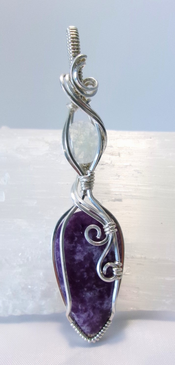 Lepidolite and Rainbow Moonstone double gemstone wire wrapped crystal pendant