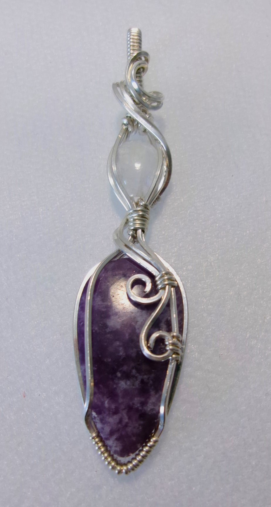 Lepidolite and Rainbow Moonstone double gemstone wire wrapped crystal pendant