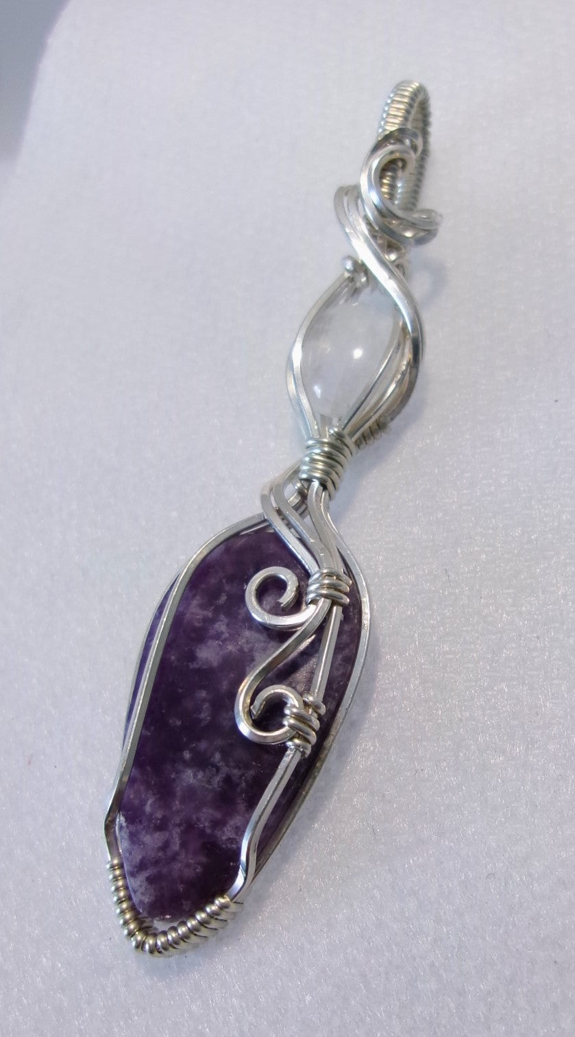 Lepidolite and Rainbow Moonstone double gemstone wire wrapped crystal pendant