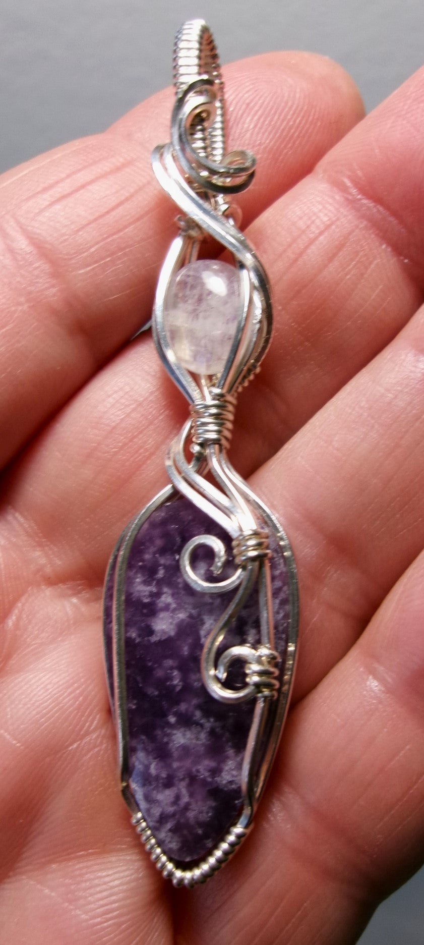 Lepidolite and Rainbow Moonstone double gemstone wire wrapped crystal pendant