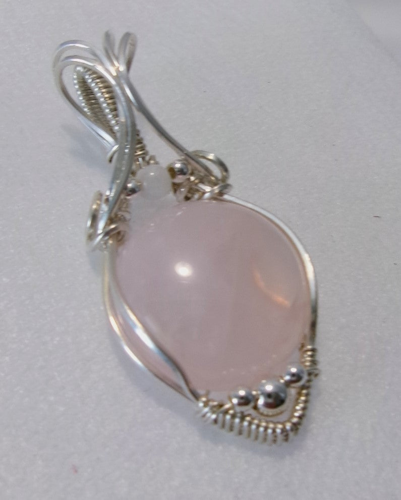 Rose Quartz gemstone sterling silver wire wrapped crystal pendant