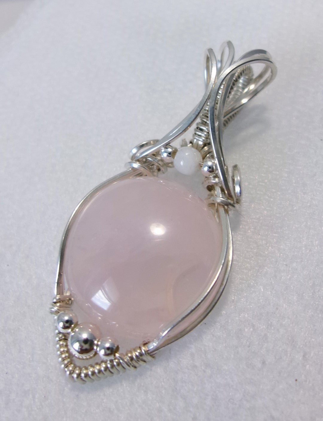 Rose Quartz gemstone sterling silver wire wrapped crystal pendant