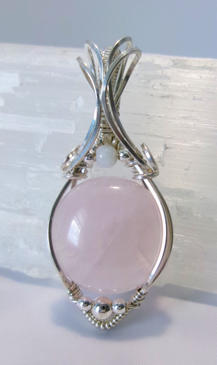 Rose Quartz gemstone sterling silver wire wrapped crystal pendant