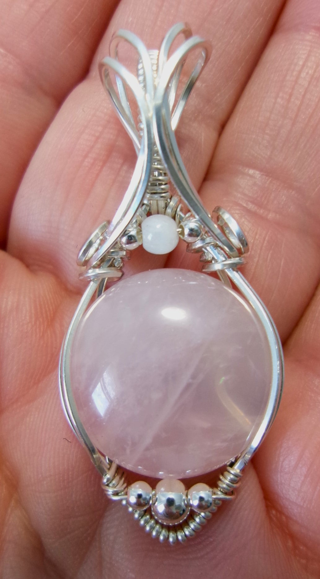 Rose Quartz gemstone sterling silver wire wrapped crystal pendant