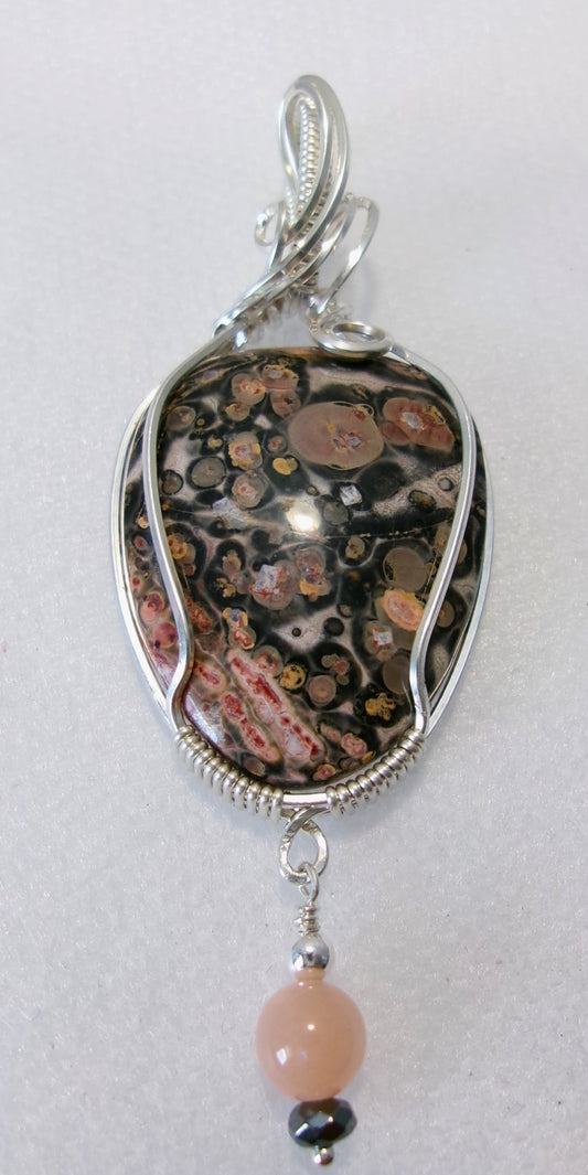 Leopard Skin Jasper gemstone sterling silver wire wrapped crystal pendant with a sunstone, hematite, and sterling silver bead dangle