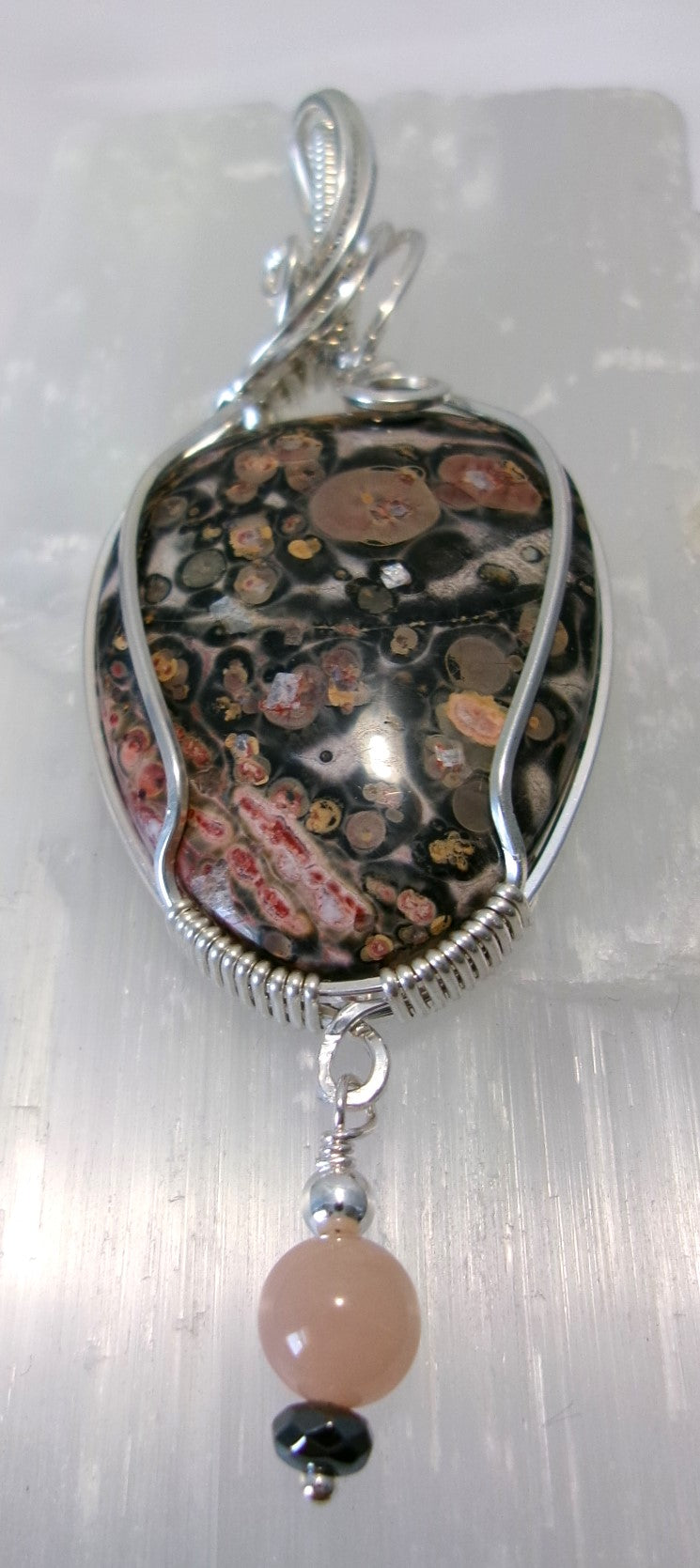 Leopard Skin Jasper gemstone sterling silver wire wrapped crystal pendant with a sunstone, hematite, and sterling silver bead dangle