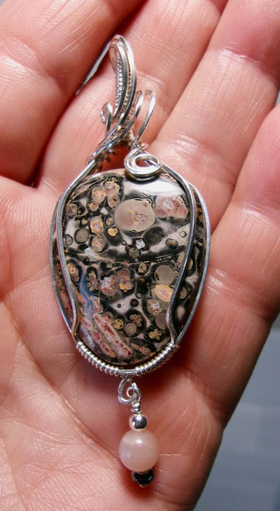 Leopard Skin Jasper gemstone sterling silver wire wrapped crystal pendant with a sunstone, hematite, and sterling silver bead dangle