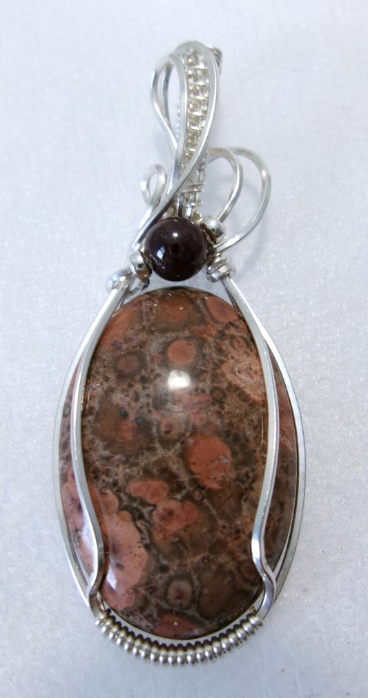 Bird’s Eye Jasper gemstone sterling silver wire wrapped crystal pendant with garnet and sterling silver accent beads