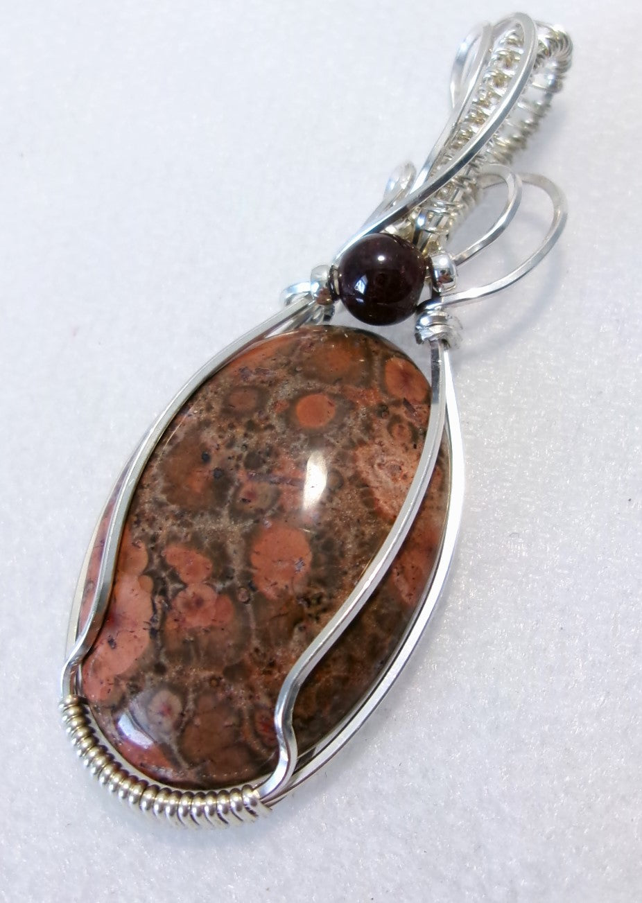 Bird’s Eye Jasper gemstone sterling silver wire wrapped crystal pendant with garnet and sterling silver accent beads