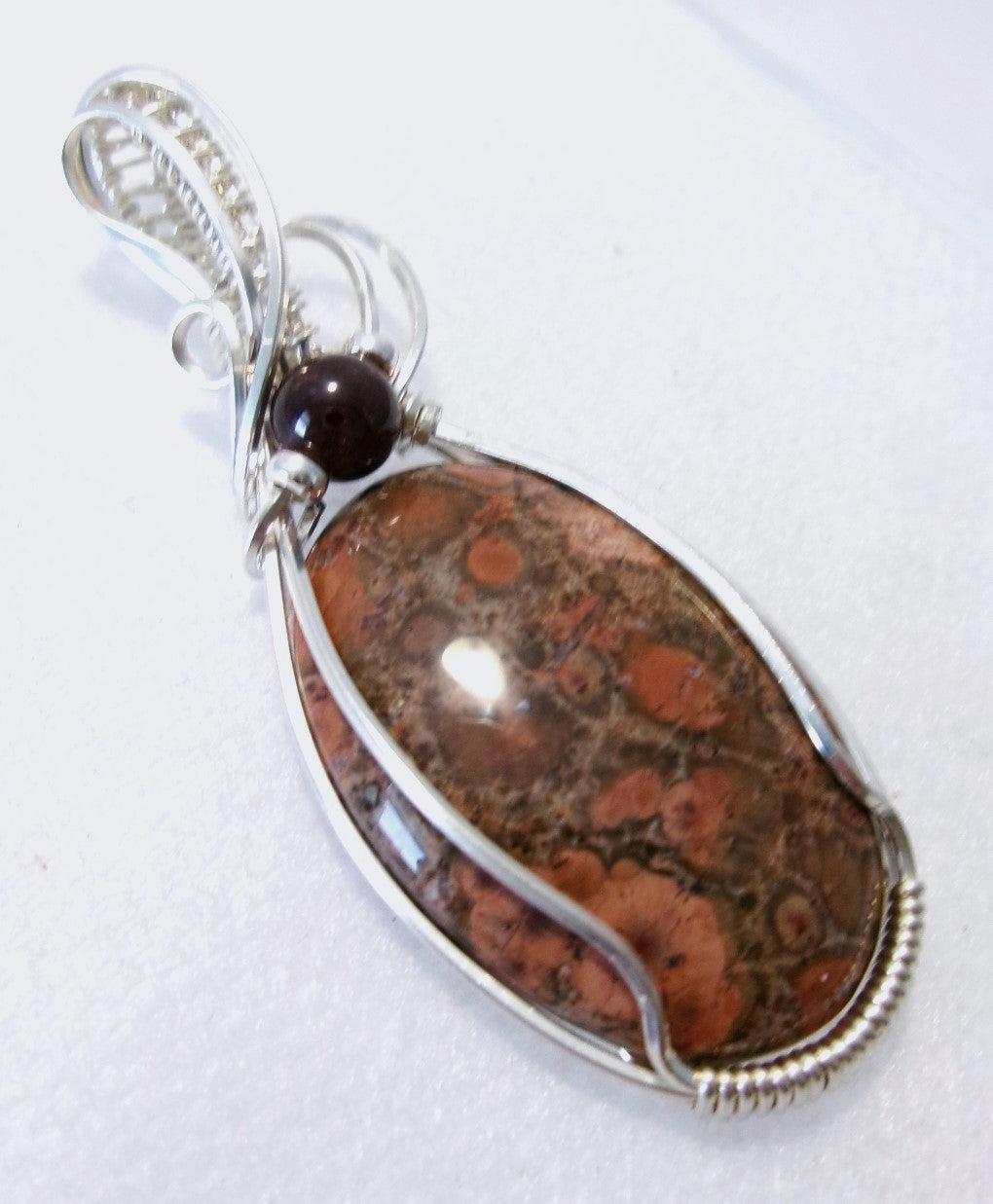 Bird’s Eye Jasper gemstone sterling silver wire wrapped crystal pendant with garnet and sterling silver accent beads