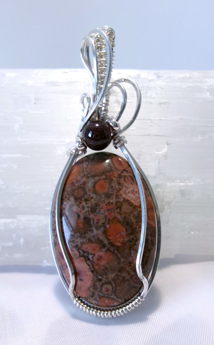 Bird’s Eye Jasper gemstone sterling silver wire wrapped crystal pendant with garnet and sterling silver accent beads