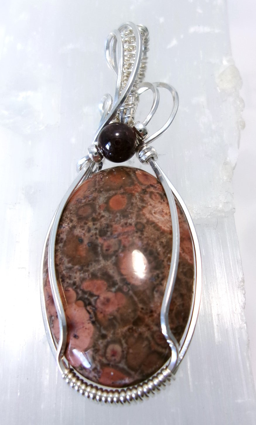 Bird’s Eye Jasper gemstone sterling silver wire wrapped crystal pendant with garnet and sterling silver accent beads