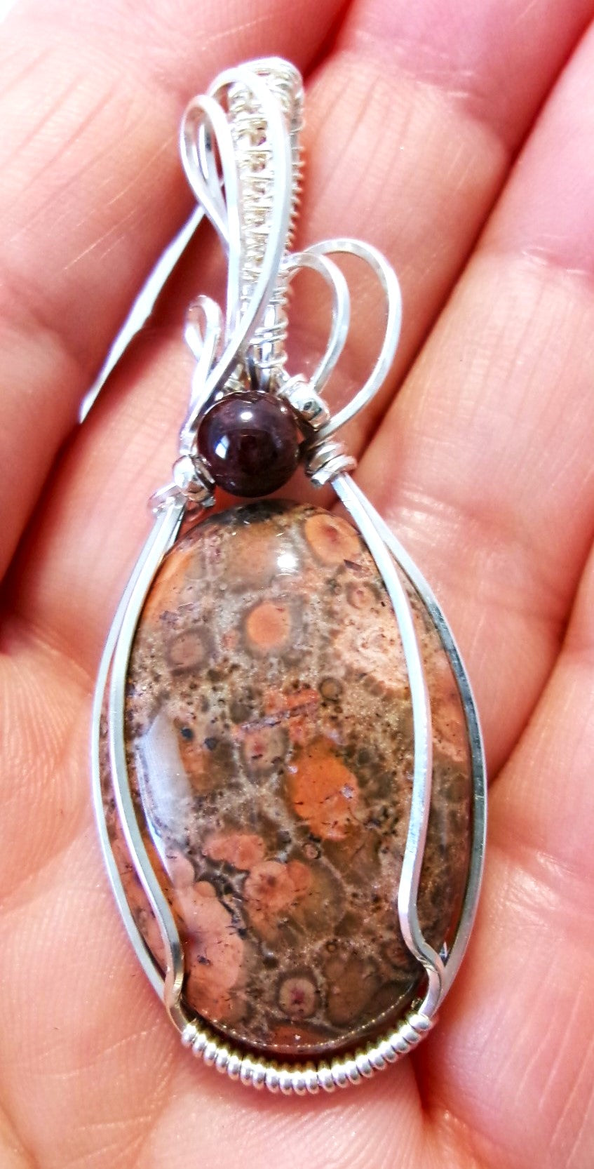 Bird’s Eye Jasper gemstone sterling silver wire wrapped crystal pendant with garnet and sterling silver accent beads