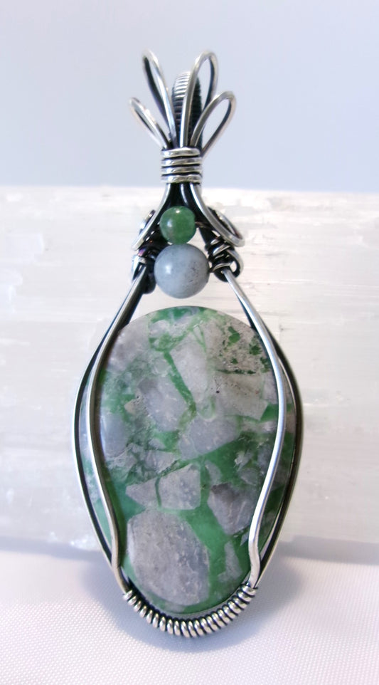 Variscite gemstone sterling silver wire wrapped crystal pendant with snow quartz and green aventurine accent beads