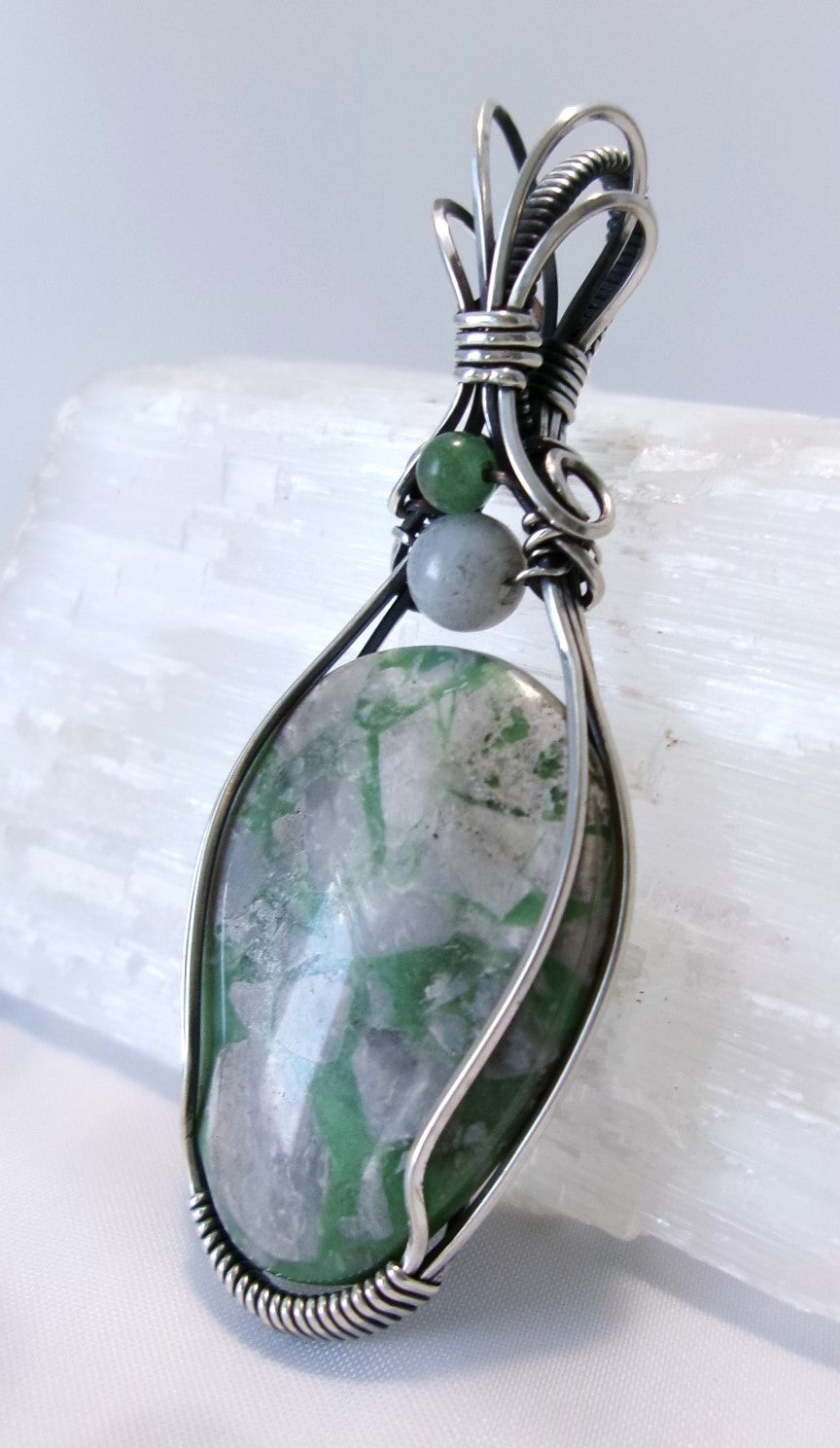 Variscite gemstone sterling silver wire wrapped crystal pendant with snow quartz and green aventurine accent beads