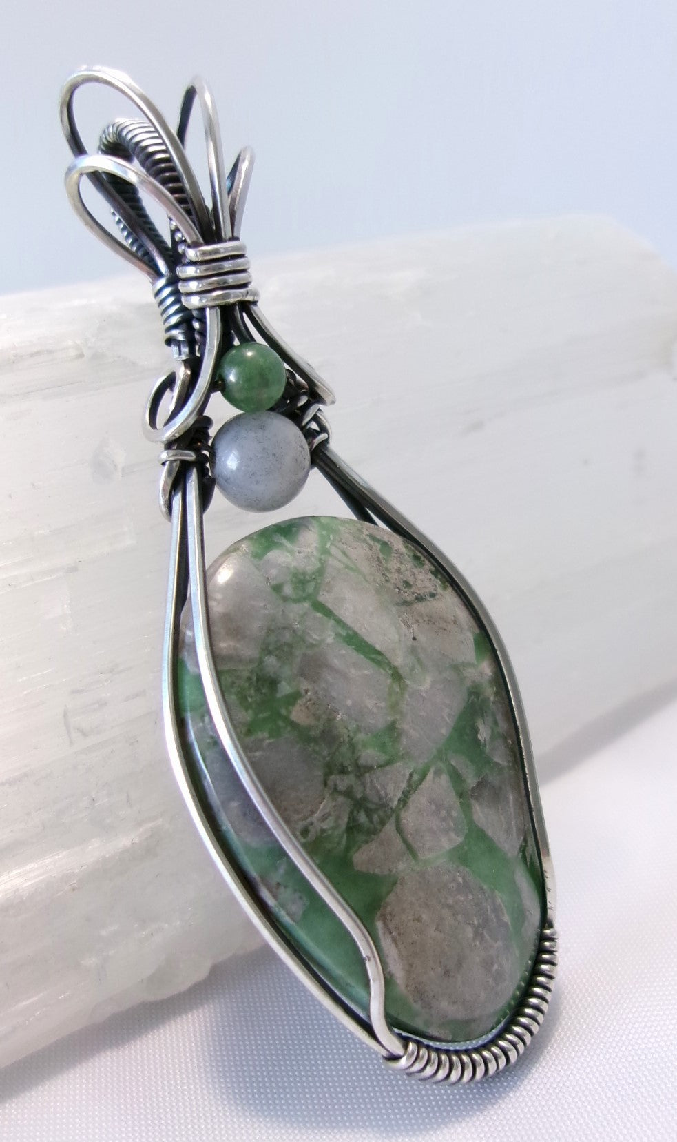 Variscite gemstone sterling silver wire wrapped crystal pendant with snow quartz and green aventurine accent beads