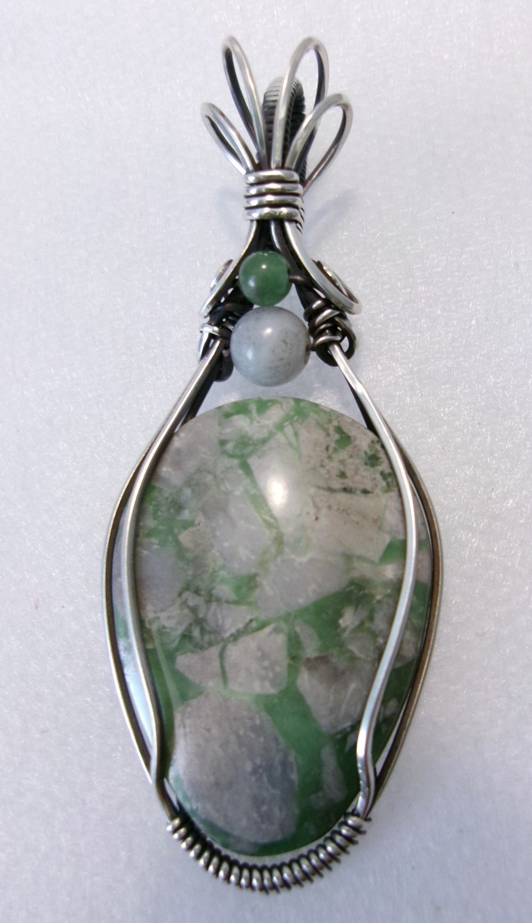 Variscite gemstone sterling silver wire wrapped crystal pendant with snow quartz and green aventurine accent beads