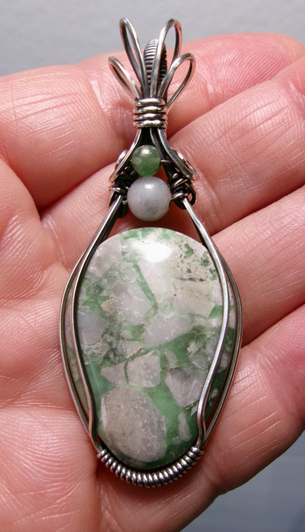 Variscite gemstone sterling silver wire wrapped crystal pendant with snow quartz and green aventurine accent beads