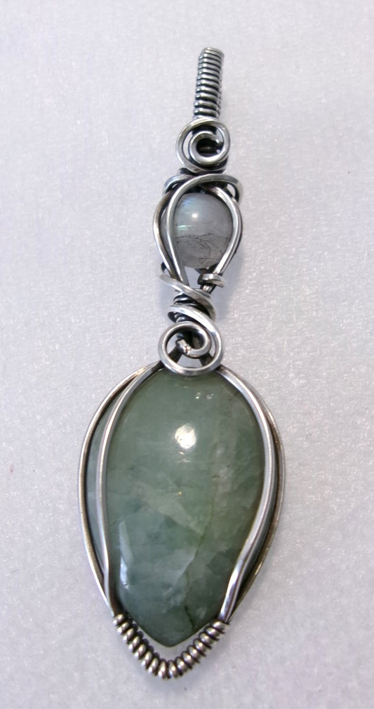 Aquamarine and rainbow moonstone double gemstone sterling silver wire wrapped crystal pendant