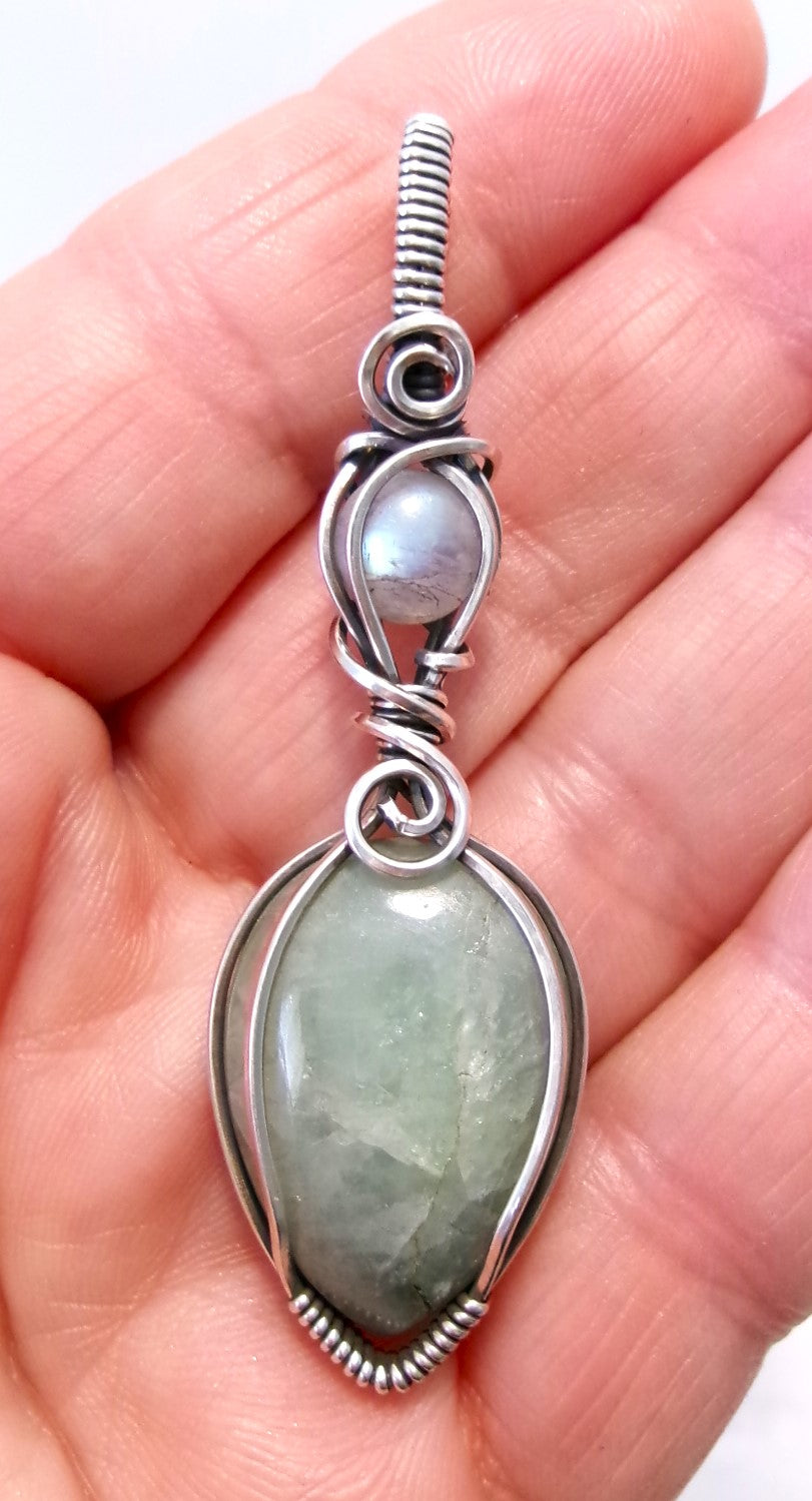 Aquamarine and rainbow moonstone double gemstone sterling silver wire wrapped crystal pendant