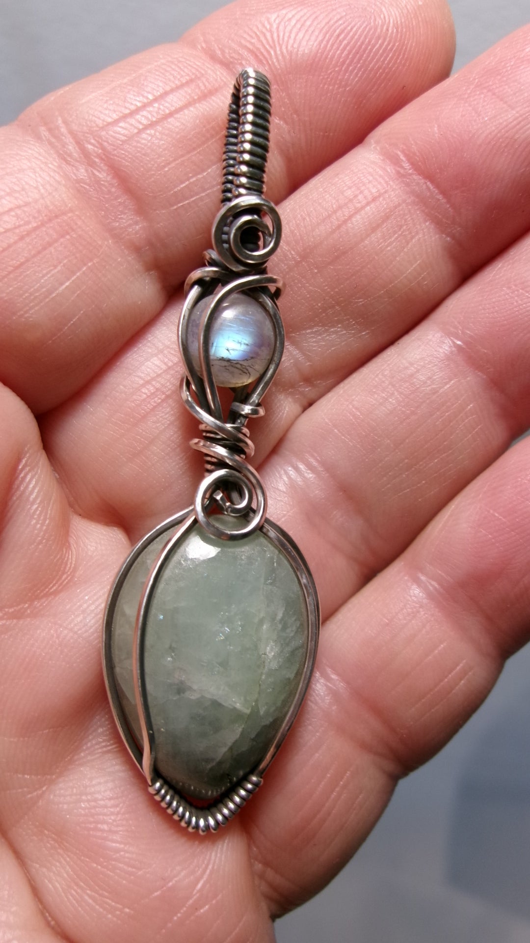 Aquamarine and rainbow moonstone double gemstone sterling silver wire wrapped crystal pendant