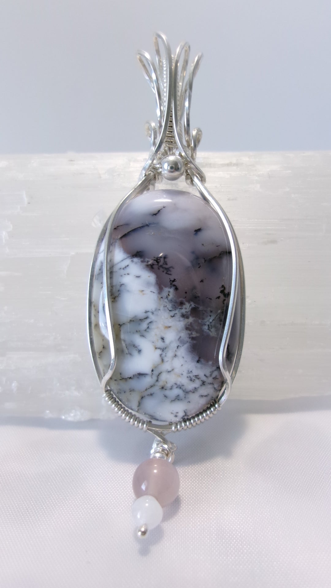 Dendritic opal gemstone sterling silver wire wrapped crystal pendant with a lavender agate and snow quartz dangle and sterling silver accent bead