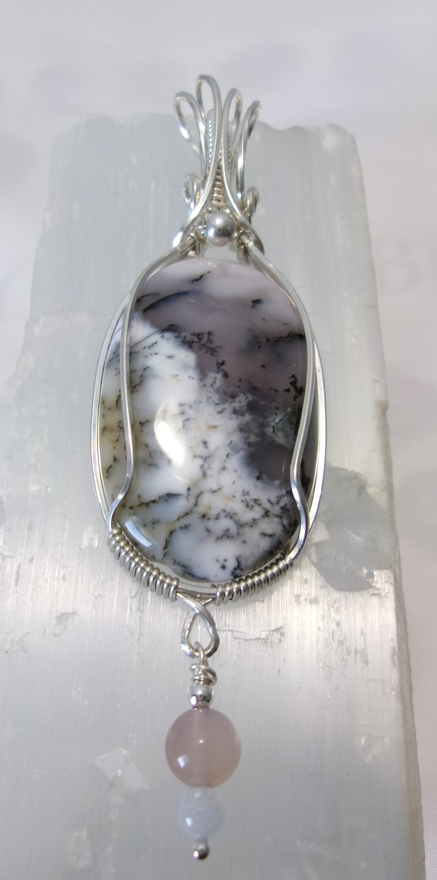 Dendritic opal gemstone sterling silver wire wrapped crystal pendant with a lavender agate and snow quartz dangle and sterling silver accent bead