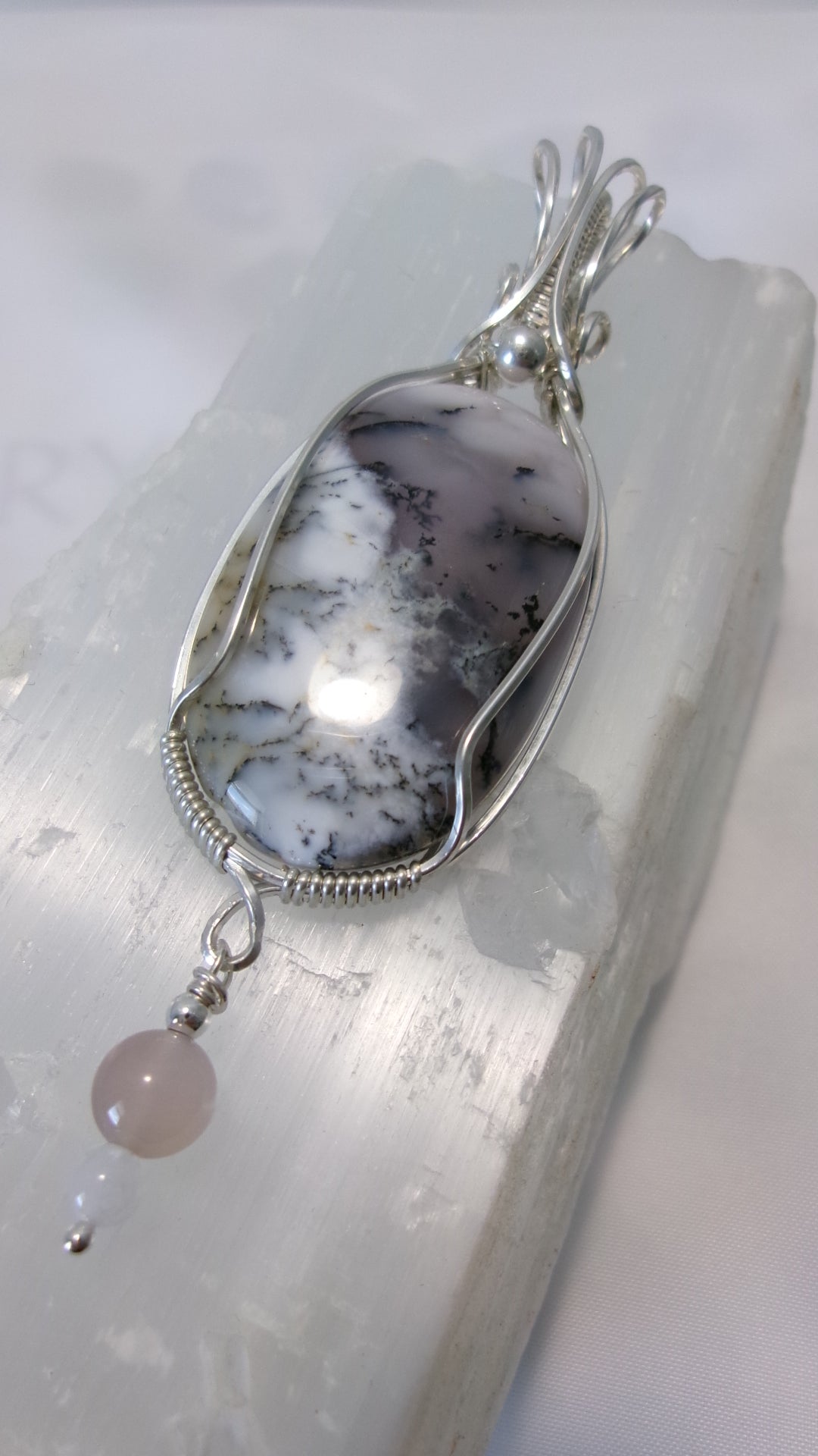 Dendritic opal gemstone sterling silver wire wrapped crystal pendant with a lavender agate and snow quartz dangle and sterling silver accent bead