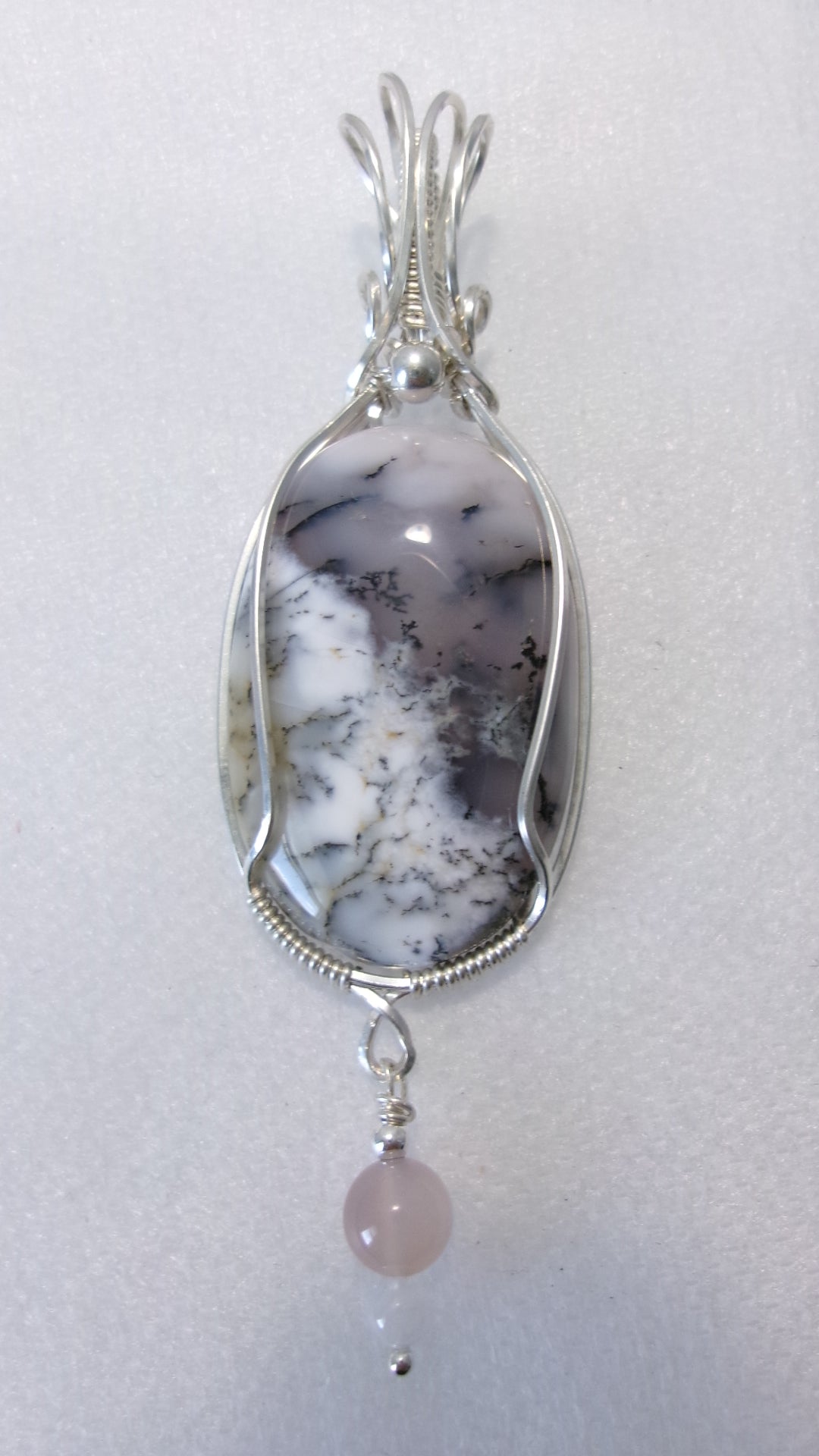 Dendritic opal gemstone sterling silver wire wrapped crystal pendant with a lavender agate and snow quartz dangle and sterling silver accent bead