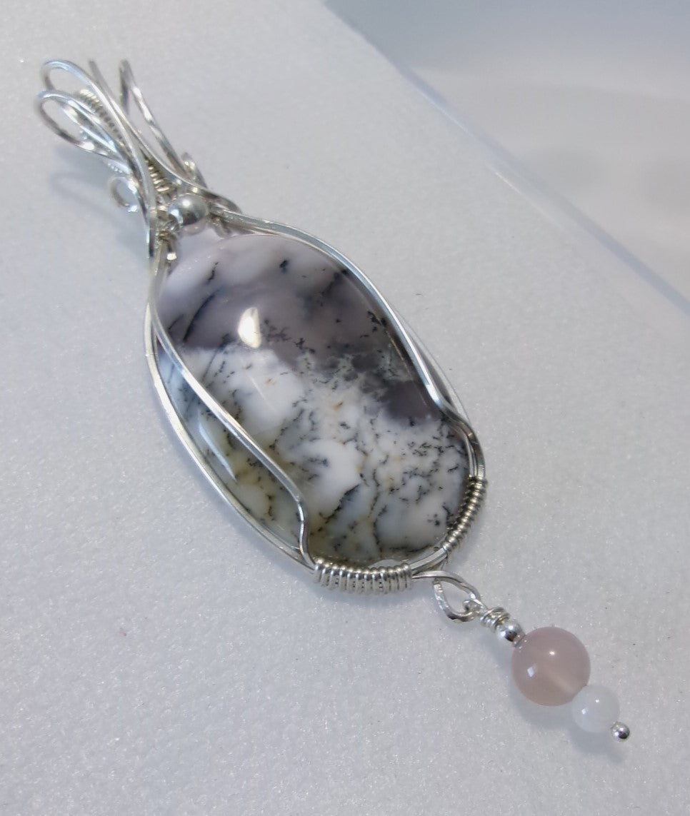 Dendritic opal gemstone sterling silver wire wrapped crystal pendant with a lavender agate and snow quartz dangle and sterling silver accent bead