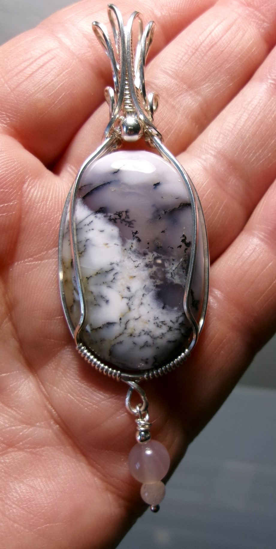 Dendritic opal gemstone sterling silver wire wrapped crystal pendant with a lavender agate and snow quartz dangle and sterling silver accent bead