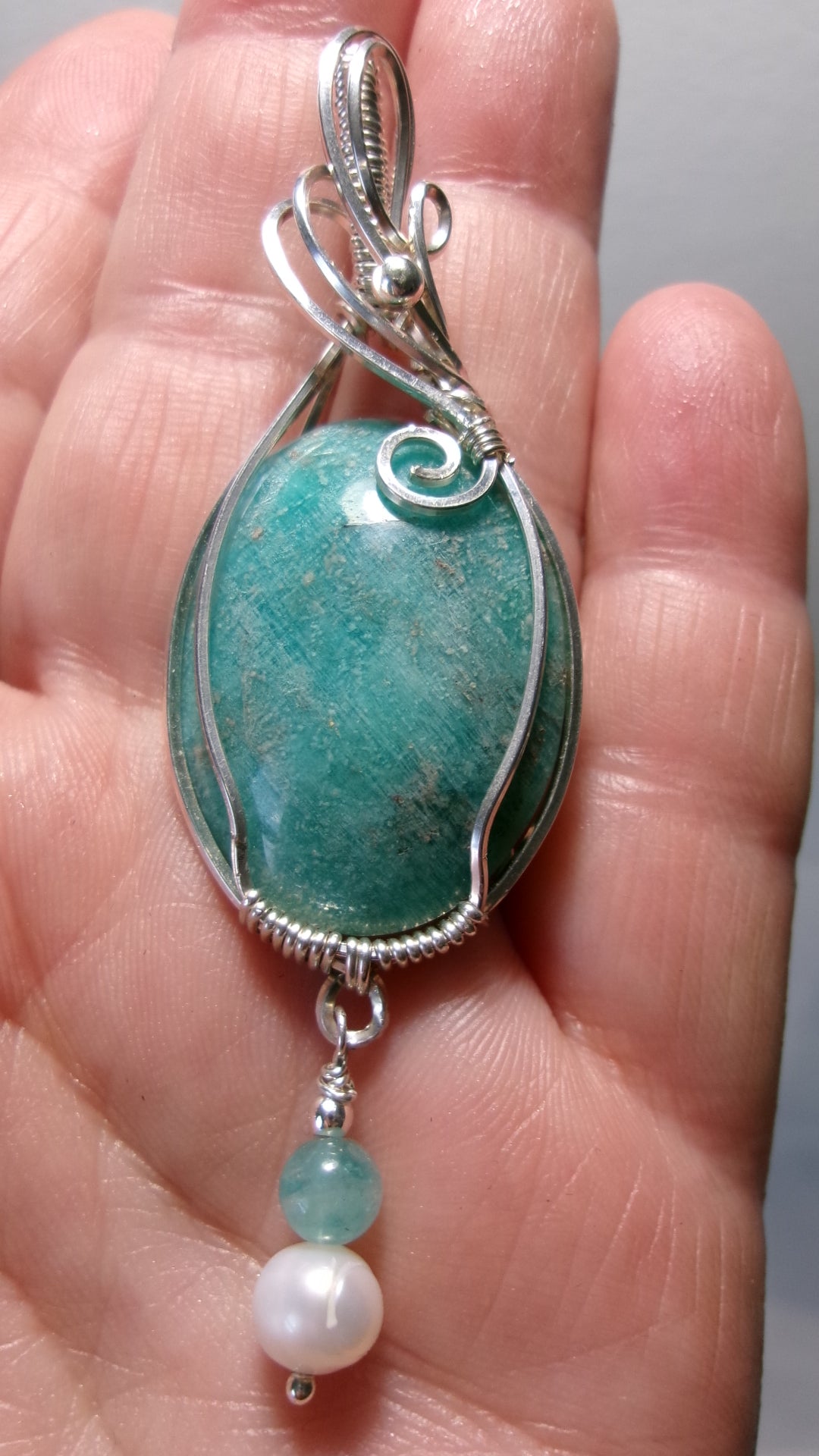 Amazonite gemstone sterling silver wire wrapped crystal pendant with amazonite and freshwater pearl dangle