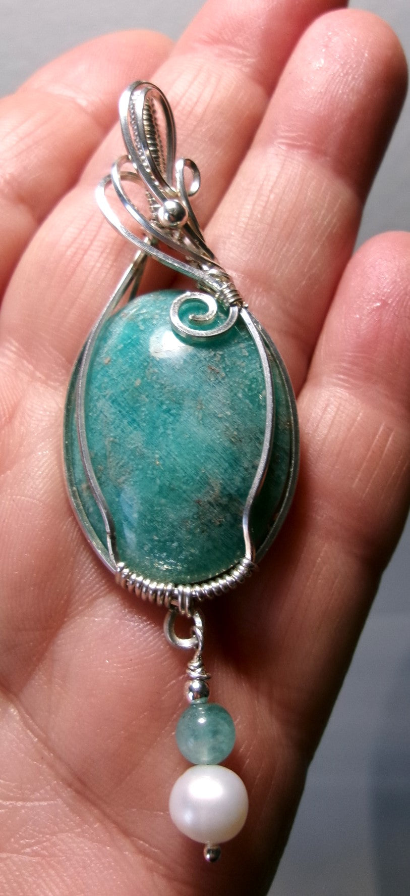 Amazonite gemstone sterling silver wire wrapped crystal pendant with amazonite and freshwater pearl dangle