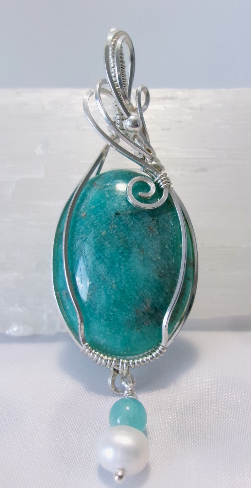 Amazonite gemstone sterling silver wire wrapped crystal pendant with amazonite and freshwater pearl dangle