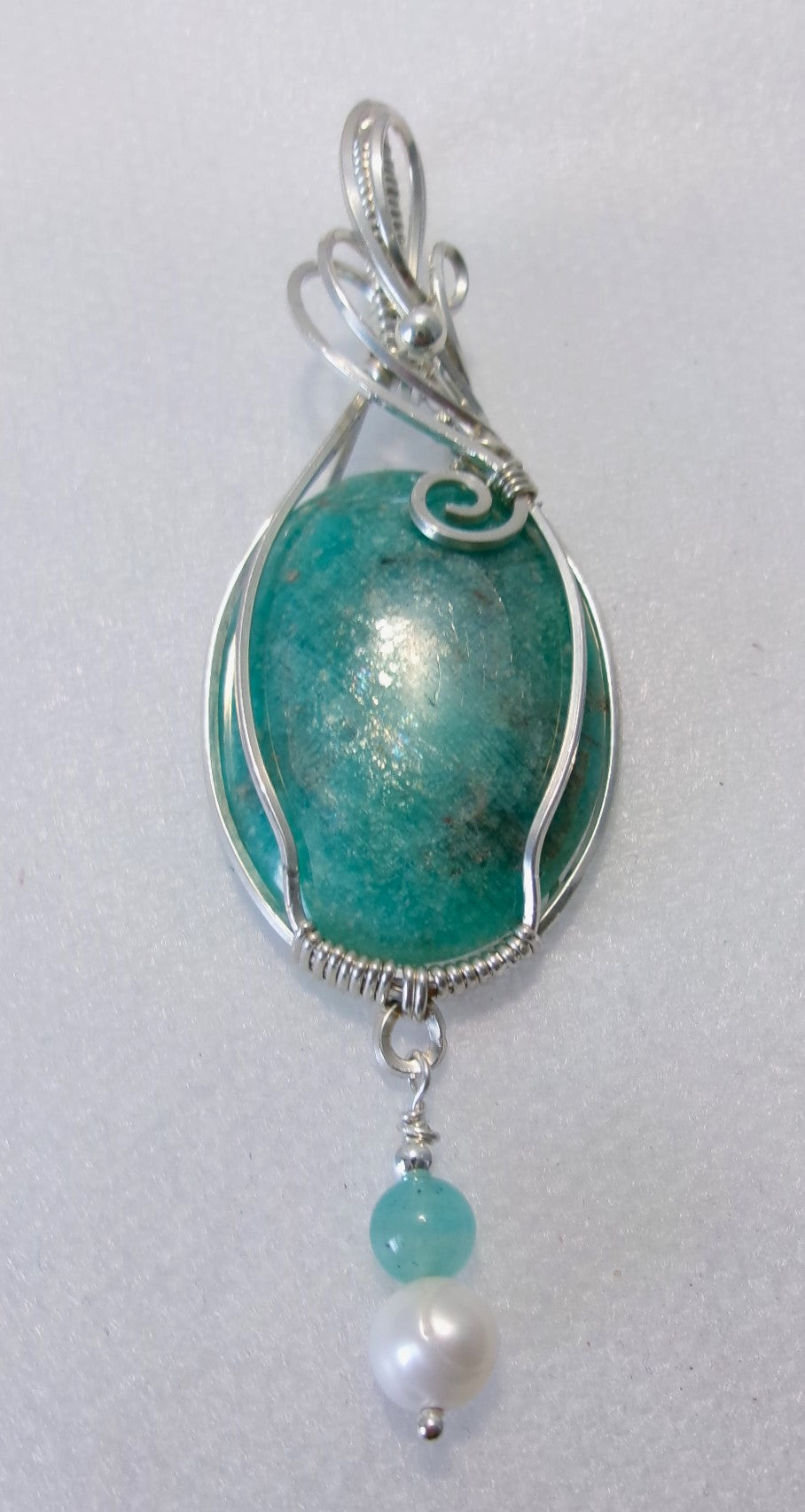 Amazonite gemstone sterling silver wire wrapped crystal pendant with amazonite and freshwater pearl dangle