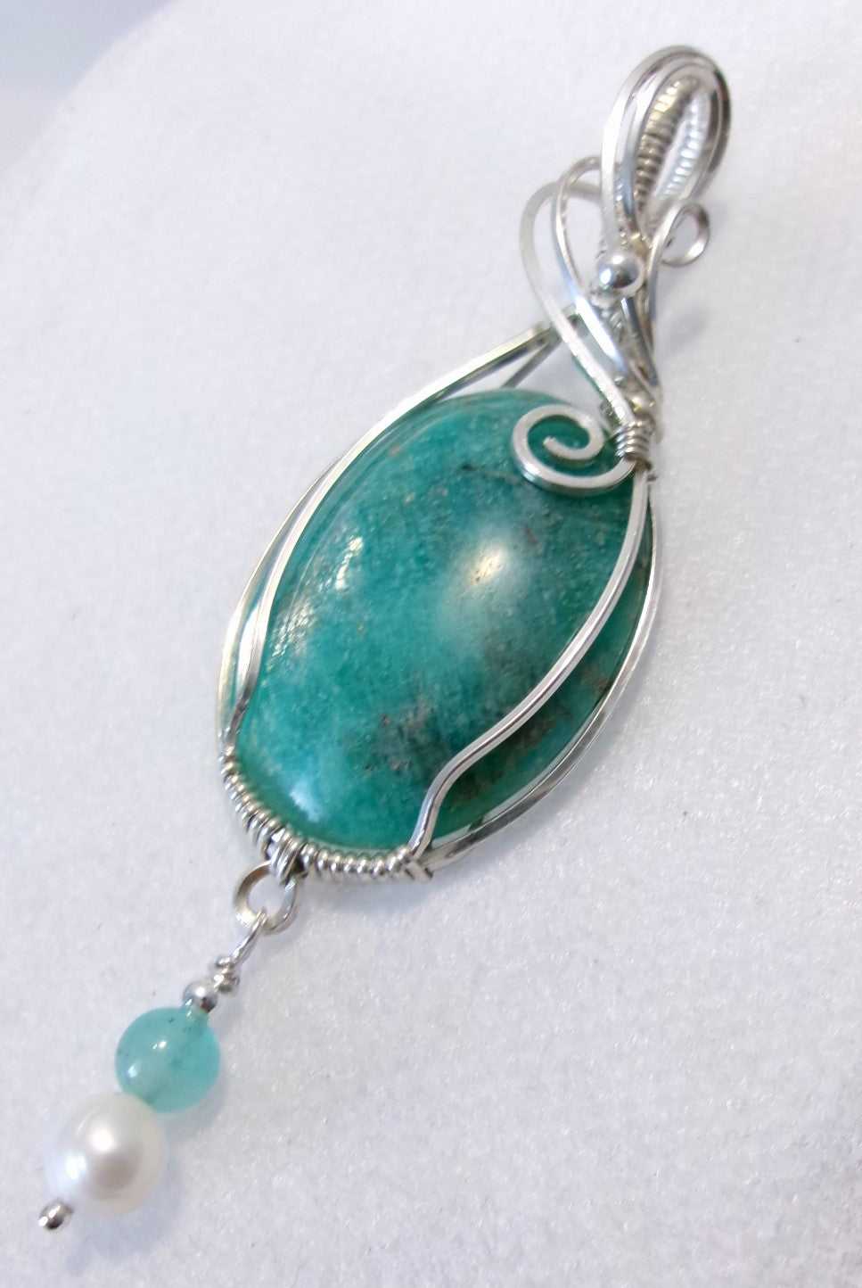 Amazonite gemstone sterling silver wire wrapped crystal pendant with amazonite and freshwater pearl dangle