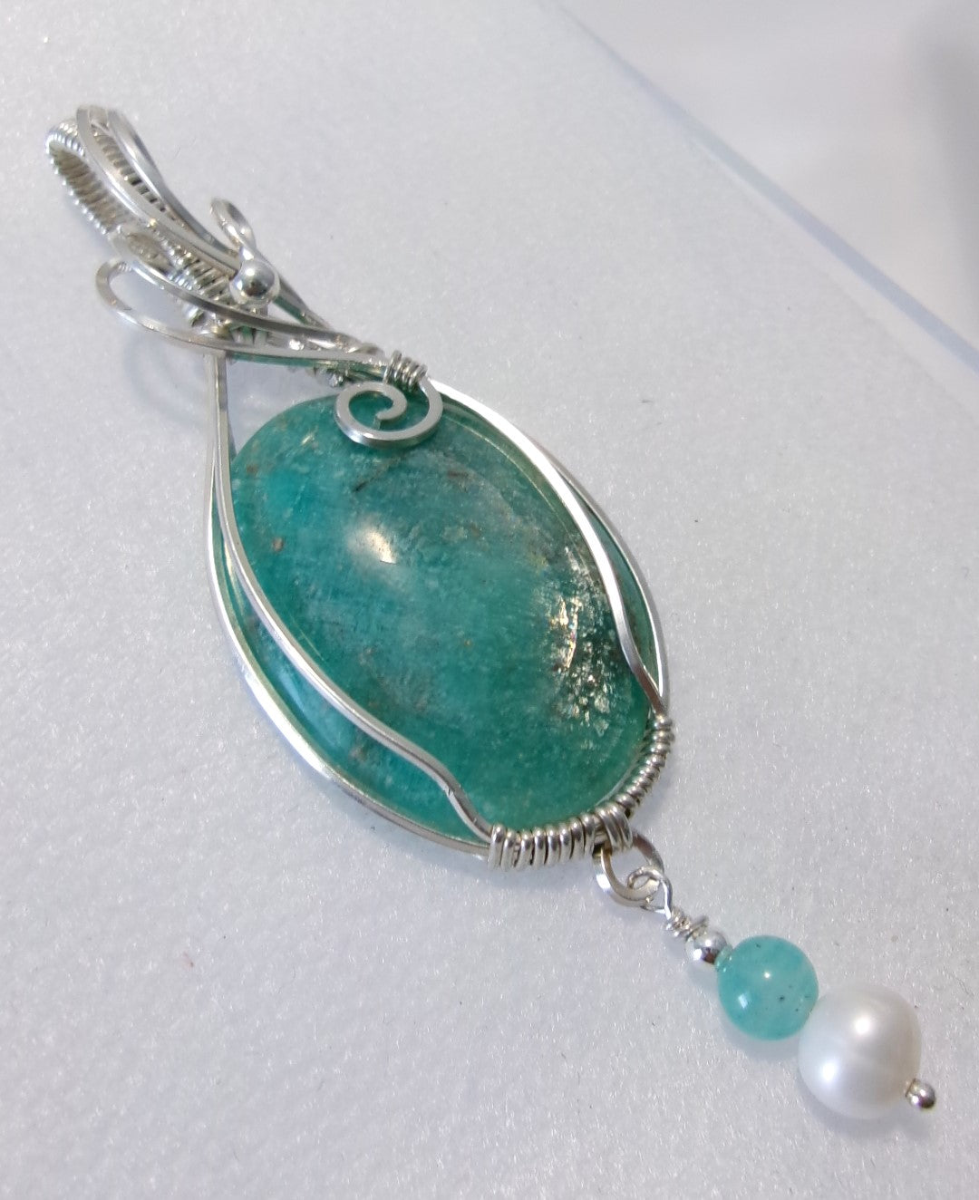 Amazonite gemstone sterling silver wire wrapped crystal pendant with amazonite and freshwater pearl dangle