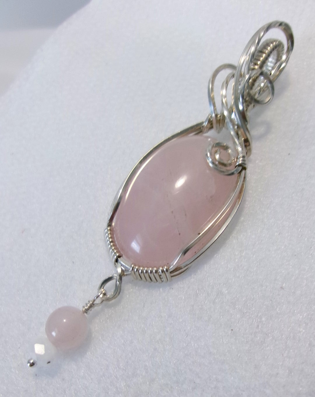 Rose Quartz gemstone sterling silver wire wrapped crystal pendant with rose quartz and moonstone bead dangle