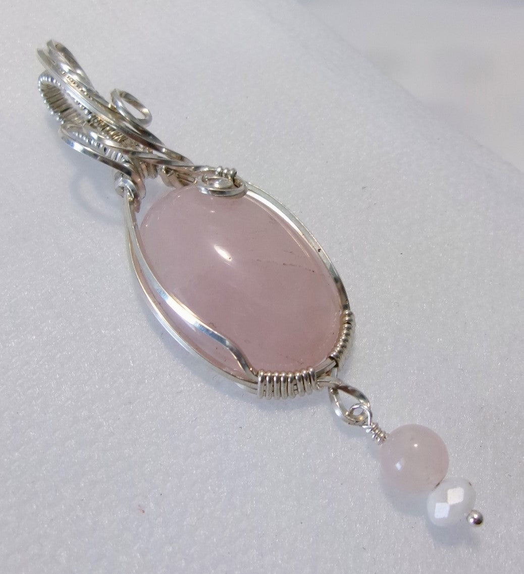 Rose Quartz gemstone sterling silver wire wrapped crystal pendant with rose quartz and moonstone bead dangle