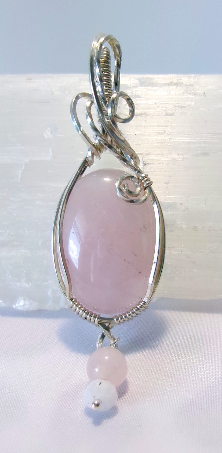 Rose Quartz gemstone sterling silver wire wrapped crystal pendant with rose quartz and moonstone bead dangle