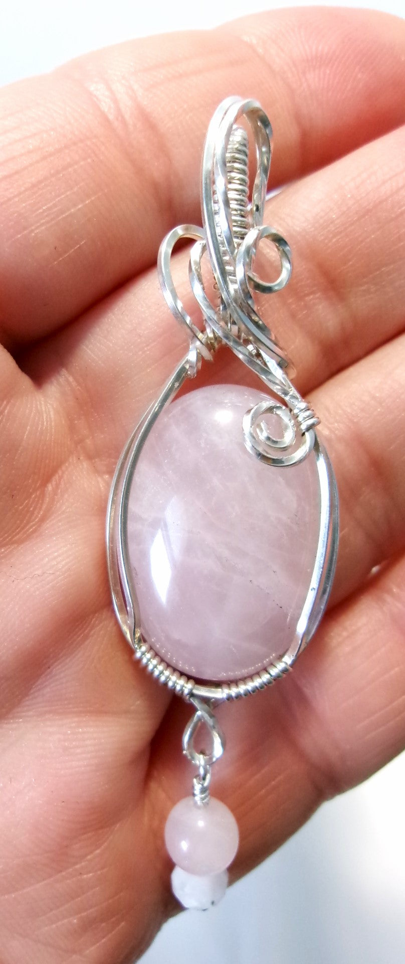 Rose Quartz gemstone sterling silver wire wrapped crystal pendant with rose quartz and moonstone bead dangle