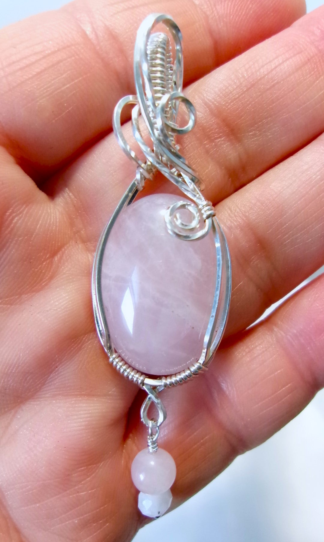 Rose Quartz gemstone sterling silver wire wrapped crystal pendant with rose quartz and moonstone bead dangle