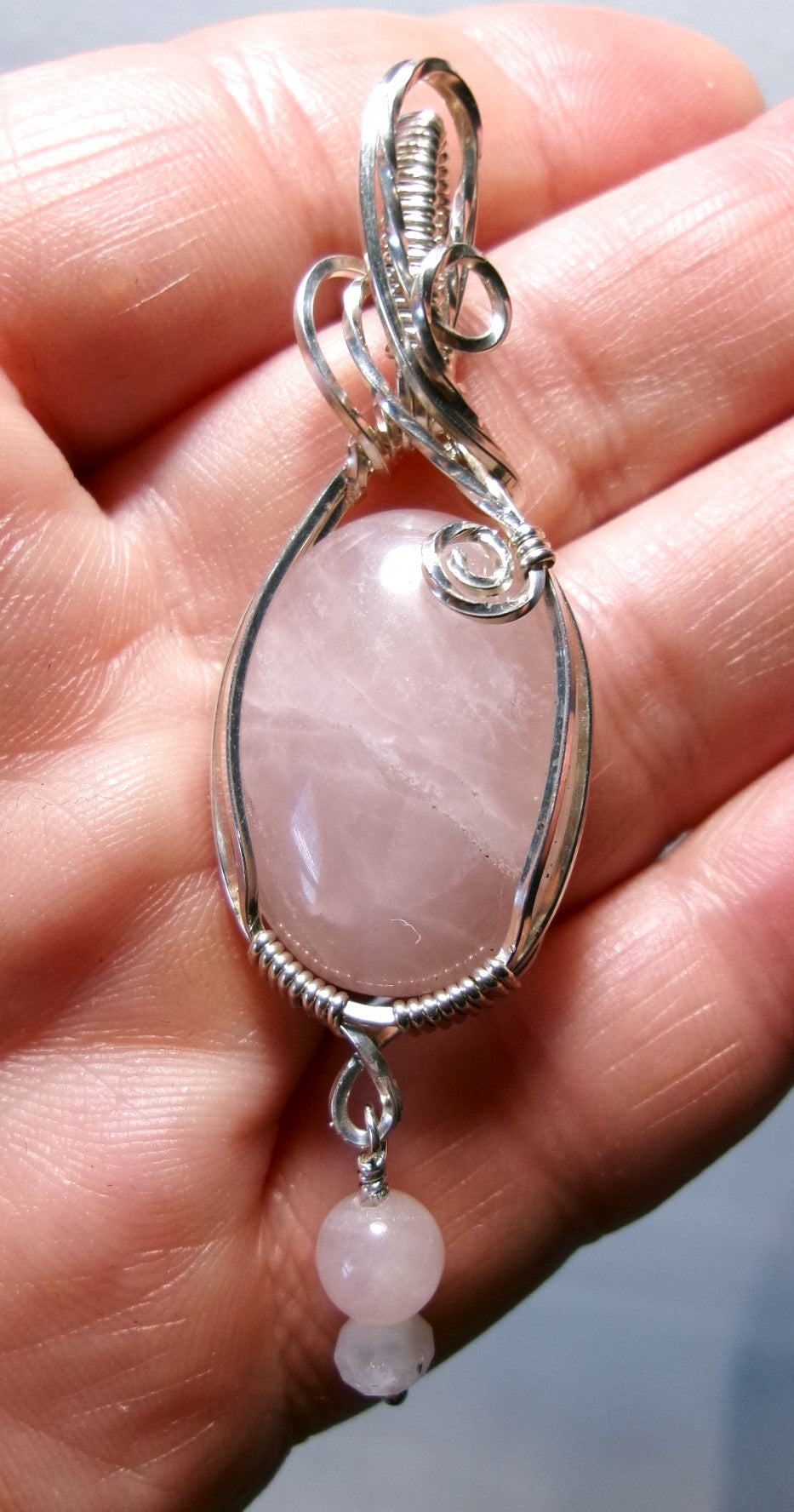 Rose Quartz gemstone sterling silver wire wrapped crystal pendant with rose quartz and moonstone bead dangle