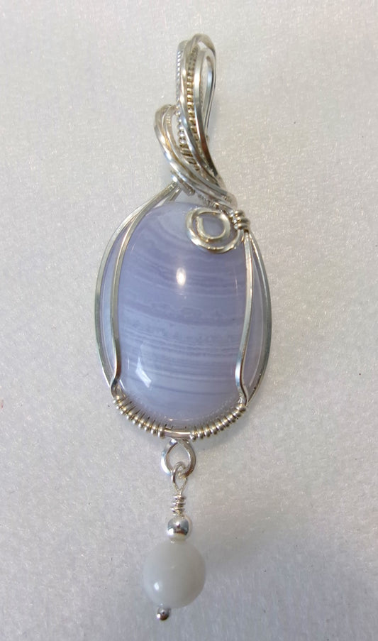 Blue Lace Agate gemstone sterling silver wire wrapped crystal pendant with a snow quartz and sterling silver bead dangle