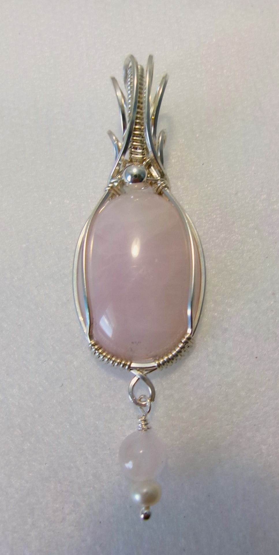 Rose Quartz gemstone sterling silver wire wrapped crystal pendant with rose quartz and freshwater pearl dangle