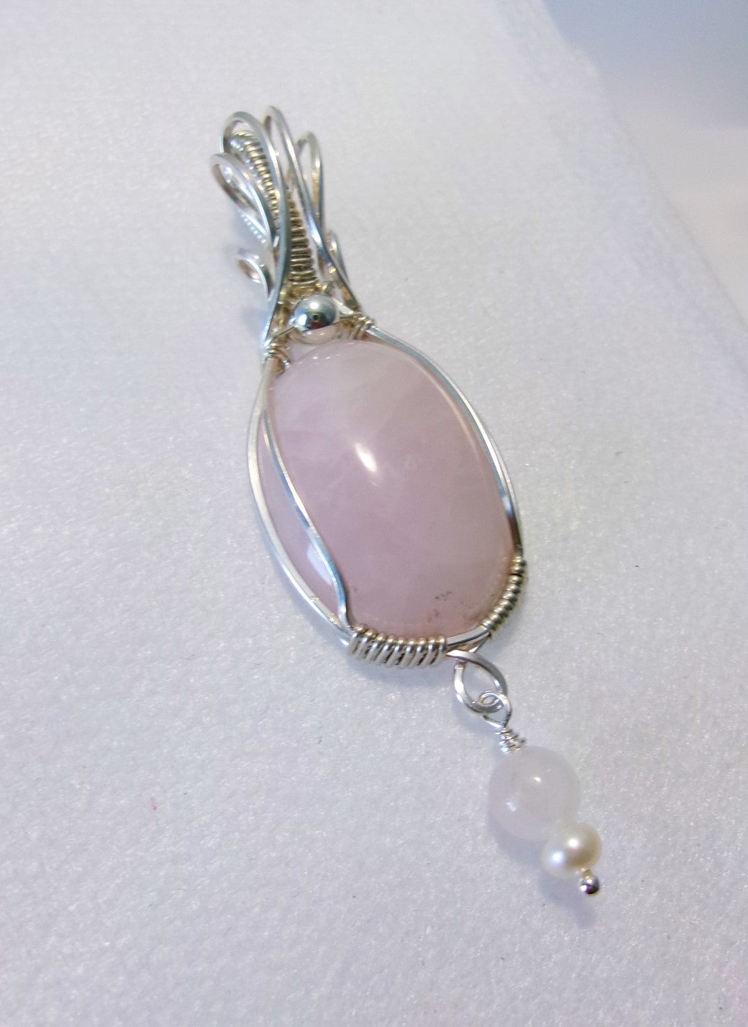 Rose Quartz gemstone sterling silver wire wrapped crystal pendant with rose quartz and freshwater pearl dangle