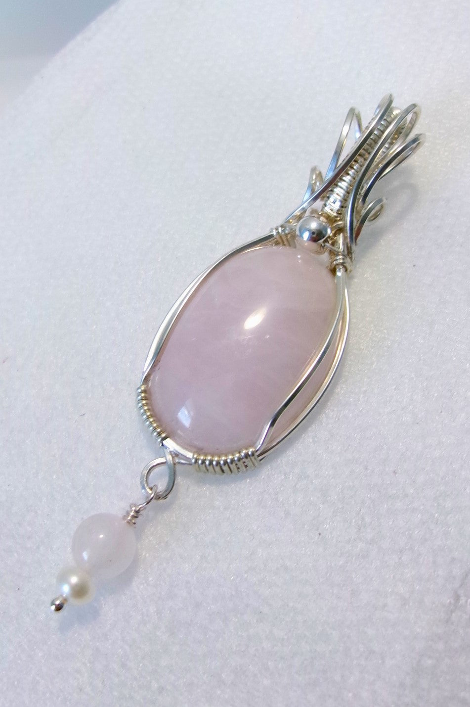 Rose Quartz gemstone sterling silver wire wrapped crystal pendant with rose quartz and freshwater pearl dangle