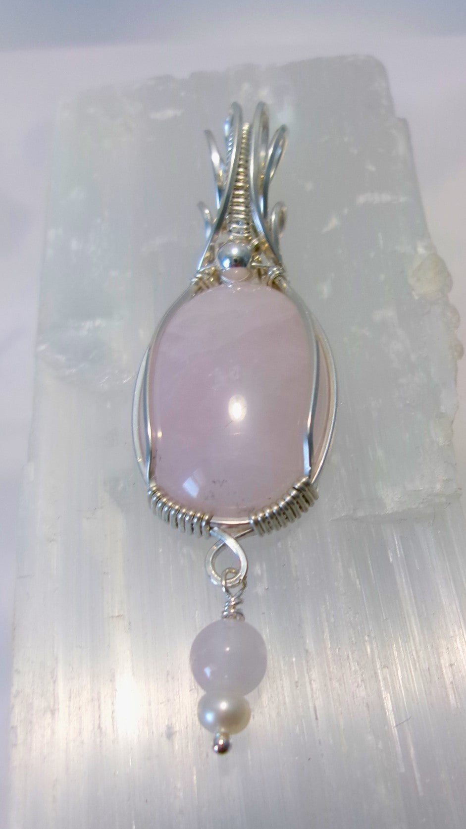 Rose Quartz gemstone sterling silver wire wrapped crystal pendant with rose quartz and freshwater pearl dangle