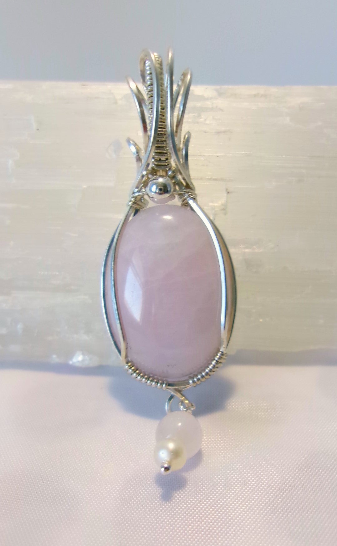 Rose Quartz gemstone sterling silver wire wrapped crystal pendant with rose quartz and freshwater pearl dangle