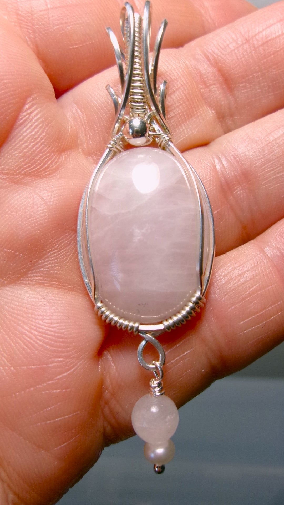 Rose Quartz gemstone sterling silver wire wrapped crystal pendant with rose quartz and freshwater pearl dangle